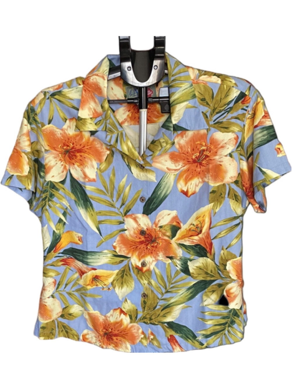 Hilo Hattie Womens M 100% Silk Hawaiian Shirt Blue Orange Floral Aloha Blouse